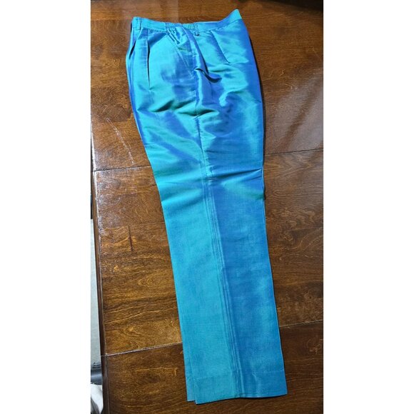 Vtg Cedro 2 Piece Womens Suit Sz S/M Iridescent Teal Blue 100% Silk Pantsuit Set - Picture 15 of 16